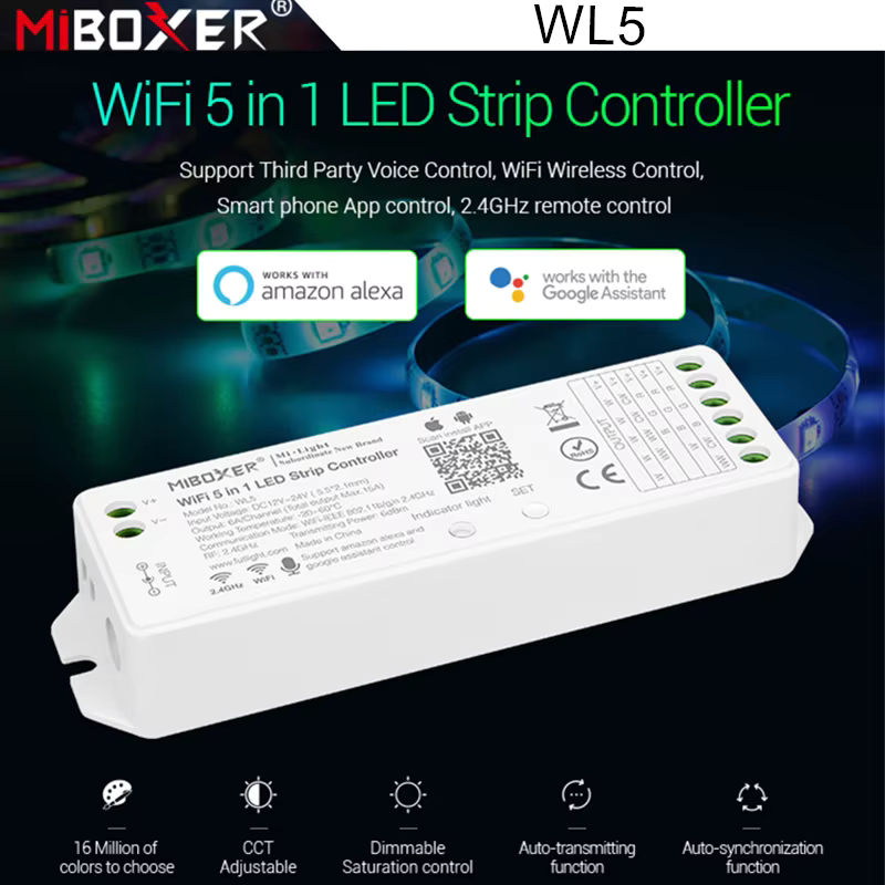 Miboxer WL5 5 in 1 WiFi LED Controller für RGB, RGBW, CCT und einfarbige LED Streifen mit Tuya und Sprachsteuerung - Bild 3
