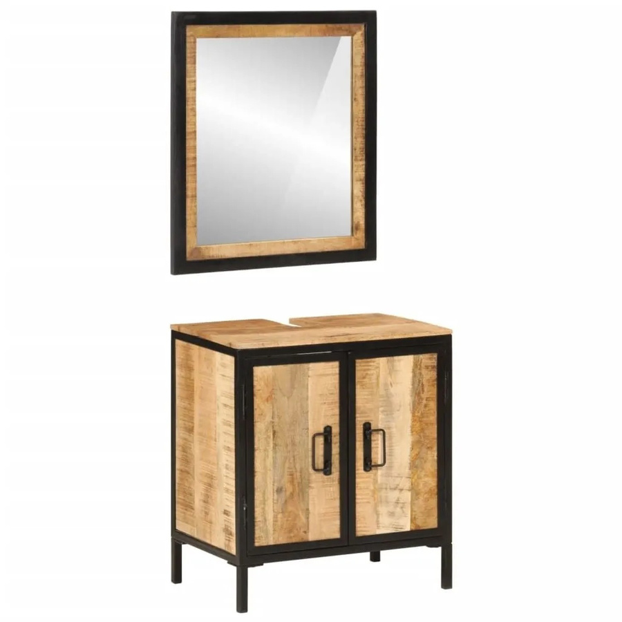 vidaXL Badmöbel-Set im Industrial Design aus Eisen und Mango-Massivholz in Braun, bestehend aus Waschtischunterschrank und Spiegelschrank - Bild 2