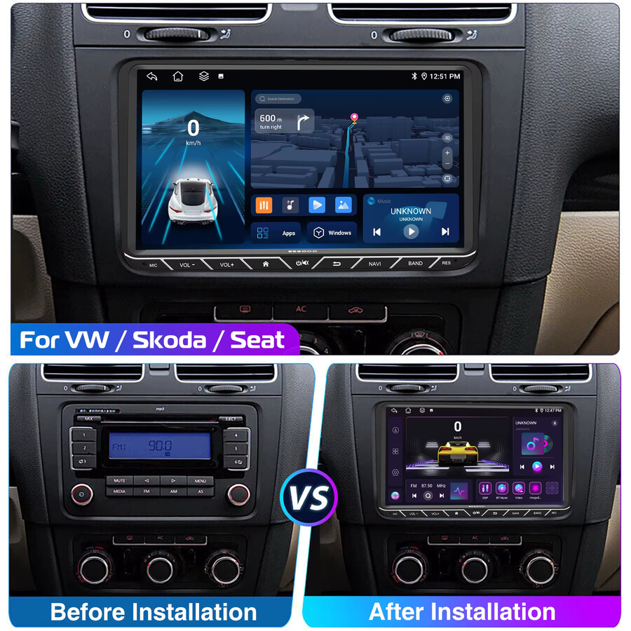 ESSGOO 9 Zoll Android 14 Autoradio mit 6+128GB Speicher, 8-Kern Prozessor, CarPlay, Bluetooth, GPS, WiFi und 4G LTE für VW Golf 5 6, Passat B6 B7, Polo 6R, Touran, Tiguan, Caddy, EOS, Jetta, T5, Seat und Skoda in Schwarz - Bild 3