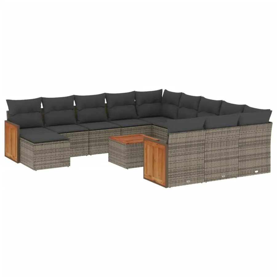 vidaXL 13-tlg. Garten-Sofagarnitur aus Poly-Rattan und Akazienholz in Grau mit Kissen - Bild 2