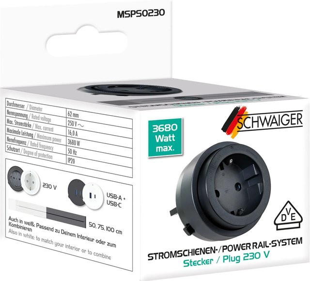 Schwaiger Stromschienen-Plug MSPS0230 Steckdosenadapter mit USB-C und USB-A in Schwarz - Bild 1