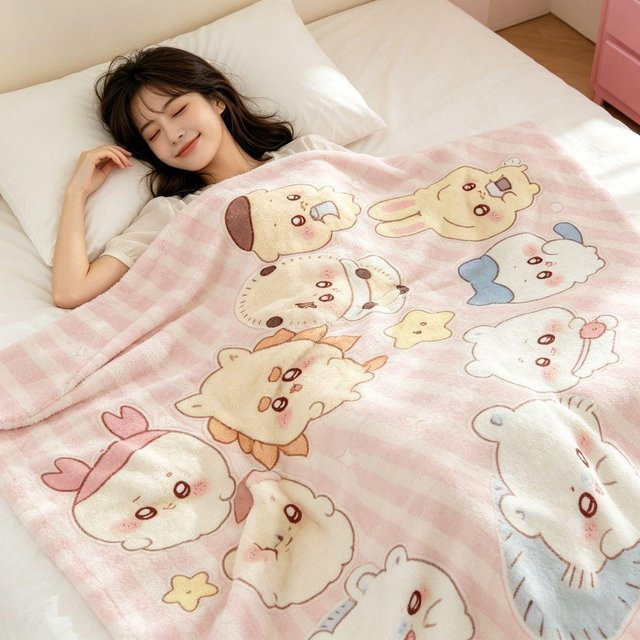 Chiikawa Usagi Flanelldecke für Sommer und Büro, Pink, B: 100 cm, T: 70 cm - Bild 1