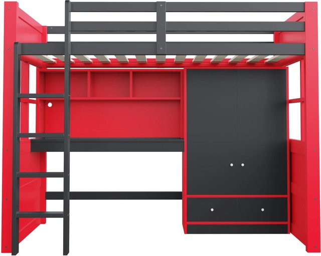 Merax Hochbett mit Gaming-Tisch und Schrank in Rot Schwarz, B/T/H: 200 x 90 x 174 cm - Bild 1