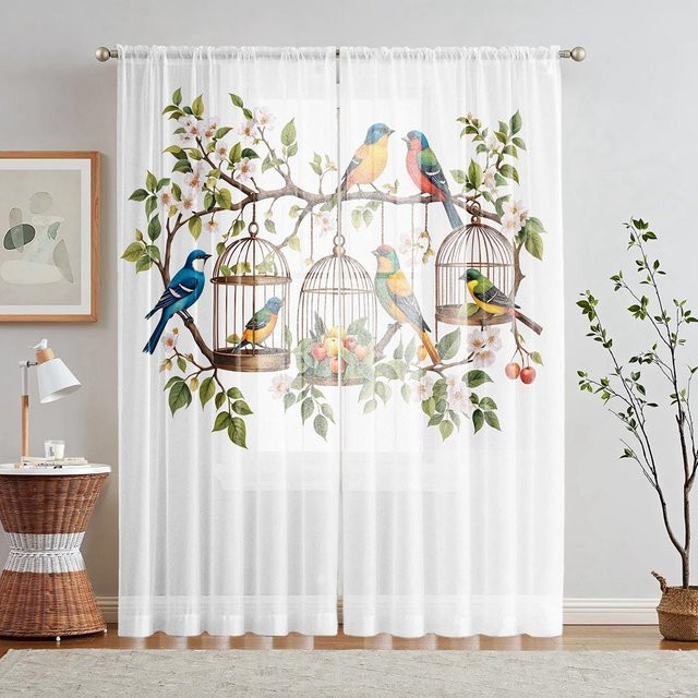 2er-Set dekorative Fensterblenden mit Vogel- und Blumenmuster von Household supplies MH, halbtransparent, mehrfarbig, B: 132 cm, H: 160 cm - Bild 1