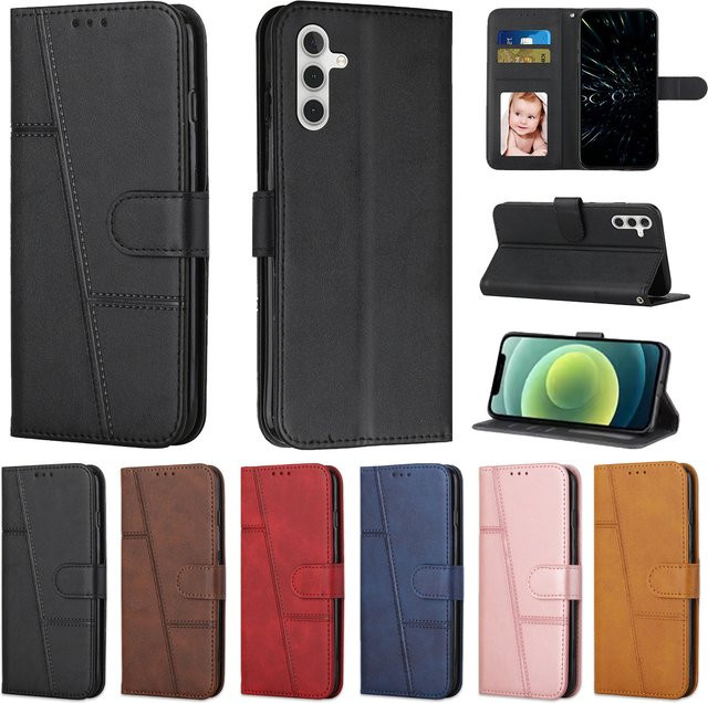 HKNR Leder Telefon Brieftasche Case für Samsung Galaxy S25 S24 S23 S22 S21 A14 A34 A54 A15 A35 A55 A06 A16 A26 A36 A56 Schutzhülle in Schwarz - Bild 1