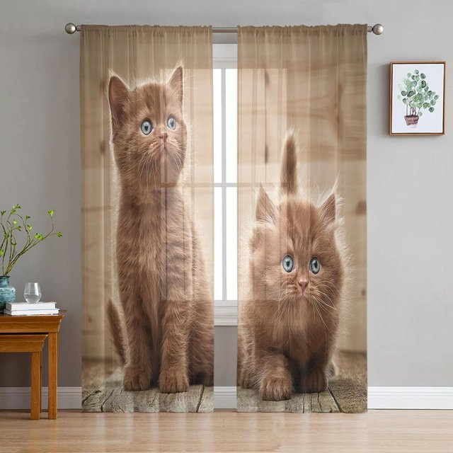 Yiran Furniture Transparentes Voile Organza Tüll-Fenstervorhang mit Katzen, Mond und Sternen im Retro-Design, Farbe: Braun, B: 135 cm, H: 115 cm - Bild 1