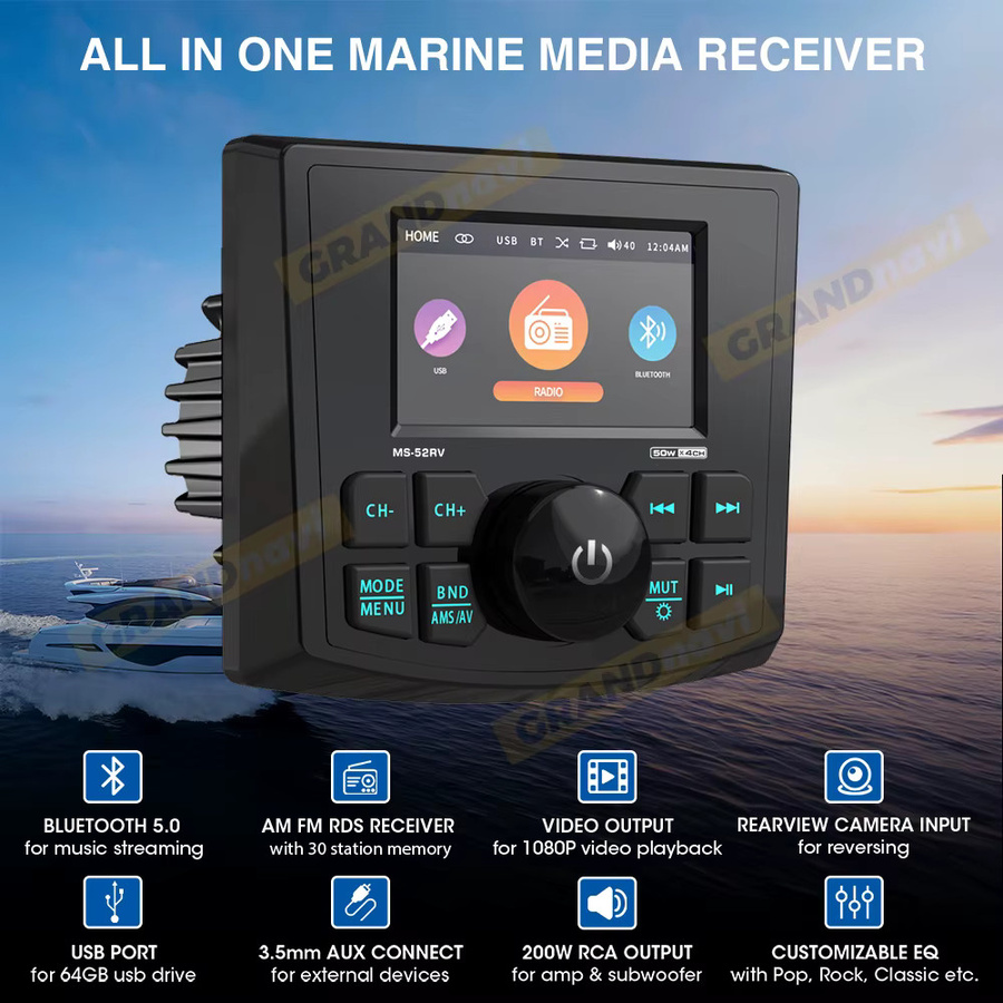GRANDnavi Marine Stereo MP5 Radio Player mit Bluetooth, FM/AM/RDS und IPX5 Wasserdichtigkeit in Schwarz - Bild 2