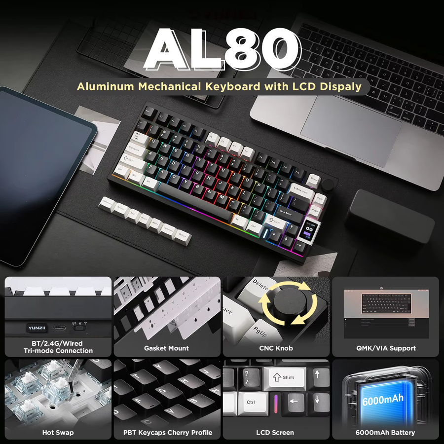 YUNZII AL80 Mechanische Gaming-Tastatur in Schwarz mit Aluminiumgehäuse, kabellose Bluetooth-Verbindung, Hot-Swap, QMK/VIA-Unterstützung und intelligentem LCD-Display mit Funktionsknopf - Bild 2