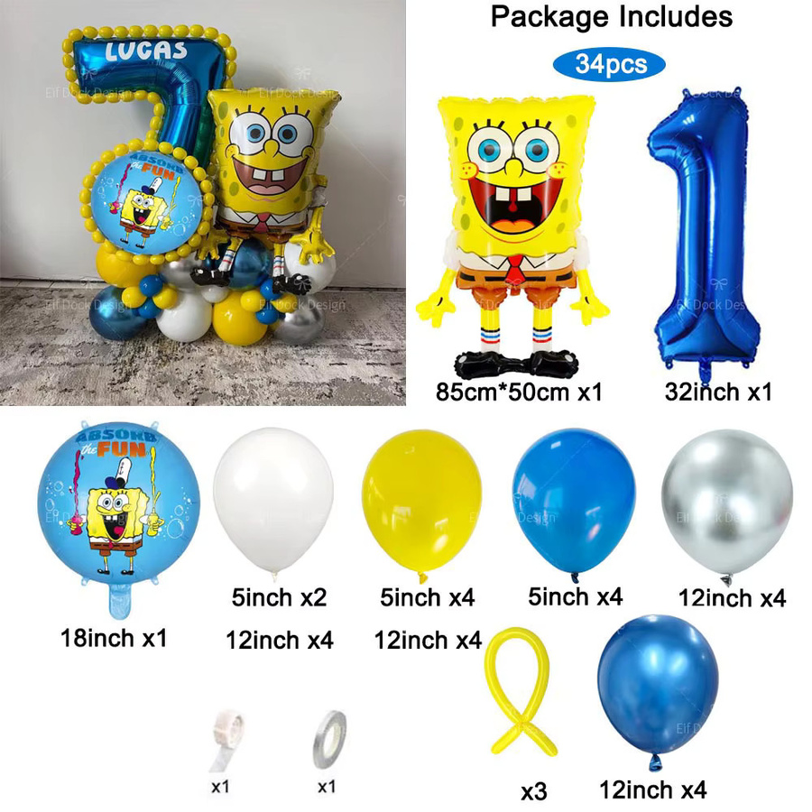 Potdemiel SpongeBob Schwammkopf Party-Ballon-Set mit blauen Zahlen-Folienballons für Kindergeburtstage, 34 Stück - Bild 2