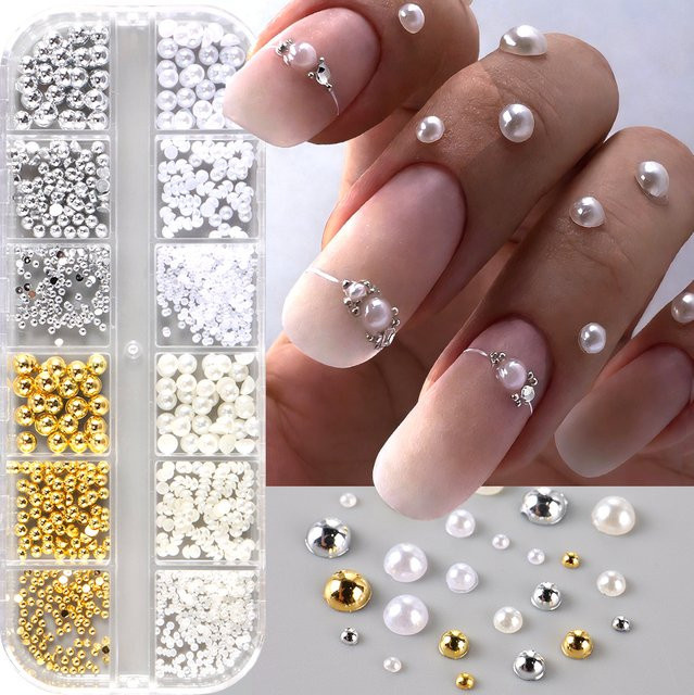 Full Beauty Nagelcharms, Gold Silber Perlen und Strass, 12 Stück, Glänzend - Bild 1