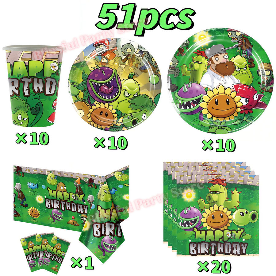 Potdemiel Plants vs. Zombies Geburtstagsparty-Dekorationsset in Multicolour mit Happy Birthday Banner, Tassen und Tellern für Kinder - Bild 4