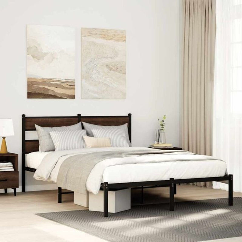 Vidaxl Bettgestell mit Kopfteil in Braun Eiche, modernes Metallbett aus Holzwerkstoff und Stahl, B/T/H: 140 x 200 cm - Bild 1
