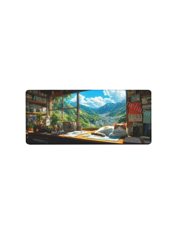 Eenehana Mauspad mit Landschaft Berg Sonnenuntergang und Cartoon Katze, rutschfeste Schreibtischunterlage für PC und Gaming, B/T: 90 x 40 cm, Multicolor - Bild 4