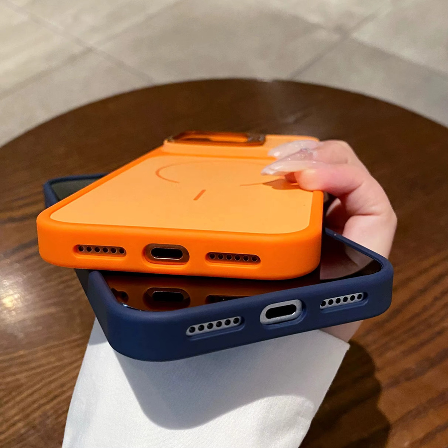 Magnetische Hit-Color Metall-Objektivhalterung für MagSafe Hüllen, faltbare Kamera-Abdeckung für iPhone 11 bis iPhone 17 Pro Max Plus, in Braun oder Orange - Bild 1