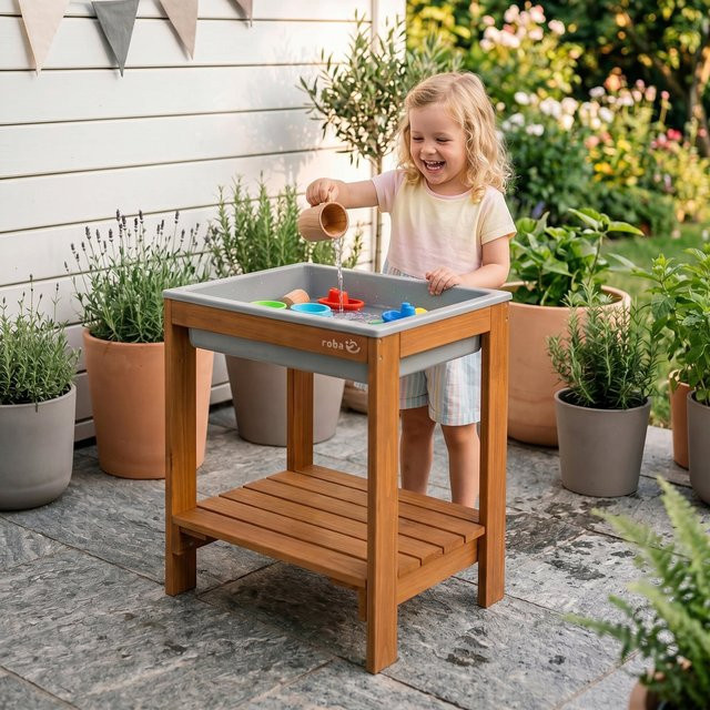 Roba Outdoor Spiel- und Wassertisch Tiny aus Massivholz in Teakfarben mit Spielwanne und Sandtisch - Bild 3