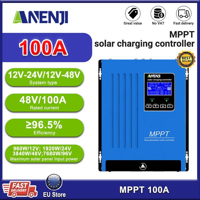 ANENJI 100A Solarladeregler für 12V/24V/36V/48V Batterien mit LCD-Hintergrundbeleuchtung und BTS-Funktion, Blau - Bild 1