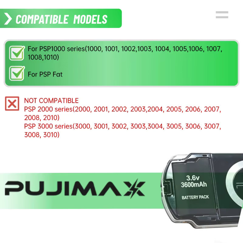 PUJIMAX Wiederaufladbarer Lithium-Ionen-Akku 3,6V 3600mAh in Schwarz für Sony PlayStation PSP-1000 und PSP1003 FAT - Bild 2