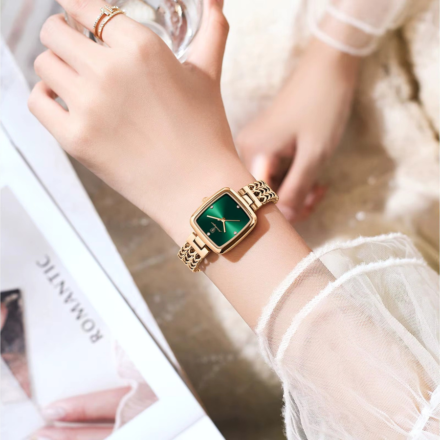 POEDAGAR Armbanduhr, Quarz, Edelstahl, Eckig, Grün, Damen - Bild 4