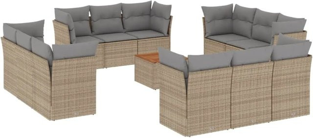 vidaXL 13-teilige Garten-Sofagarnitur in L-Form aus Polyrattan mit Kissen und Tisch in Beige - Bild 1