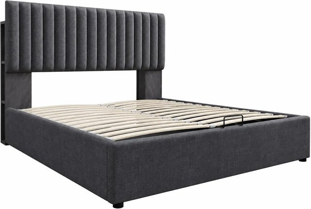okwish Doppelbett mit Matratze und LED-Beleuchtung in Grau, B/T/H: 140 x 200 x 141 cm mit USB-C Ladestation und Stauraum - Bild 1