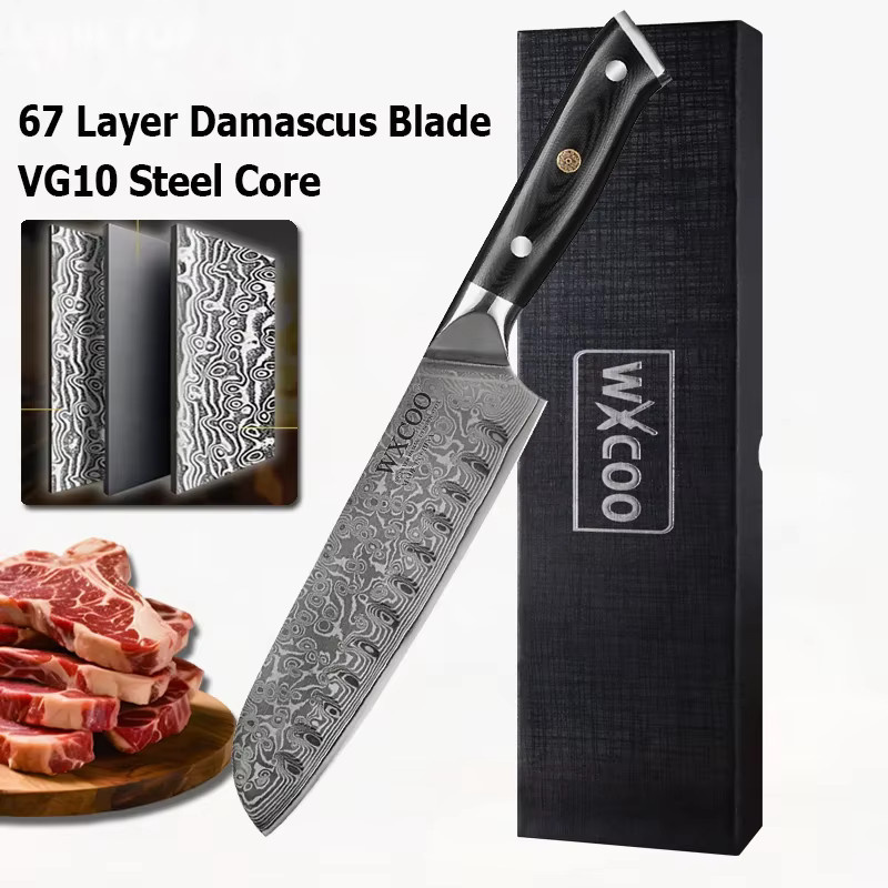 WXCOO Santoku-Kochmesser aus 67-lagigem VG10-Damaststahl mit Holzgriff in Silber - Bild 4