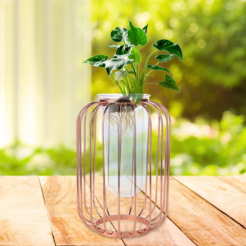 Tooarts Nordische Blumenvase in Laternenform aus Metall und Glas, Roségold/Transparent, Höhe: 21,5 cm - Bild 7