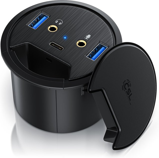 CSL Tisch Kabeldurchführung Multi In Desk USB Hub Schwarz mit 2 x USB 3.2 Gen1, 1 x USB C 3.2 Gen1 und 2 x 3,5mm Klinke - Bild 1