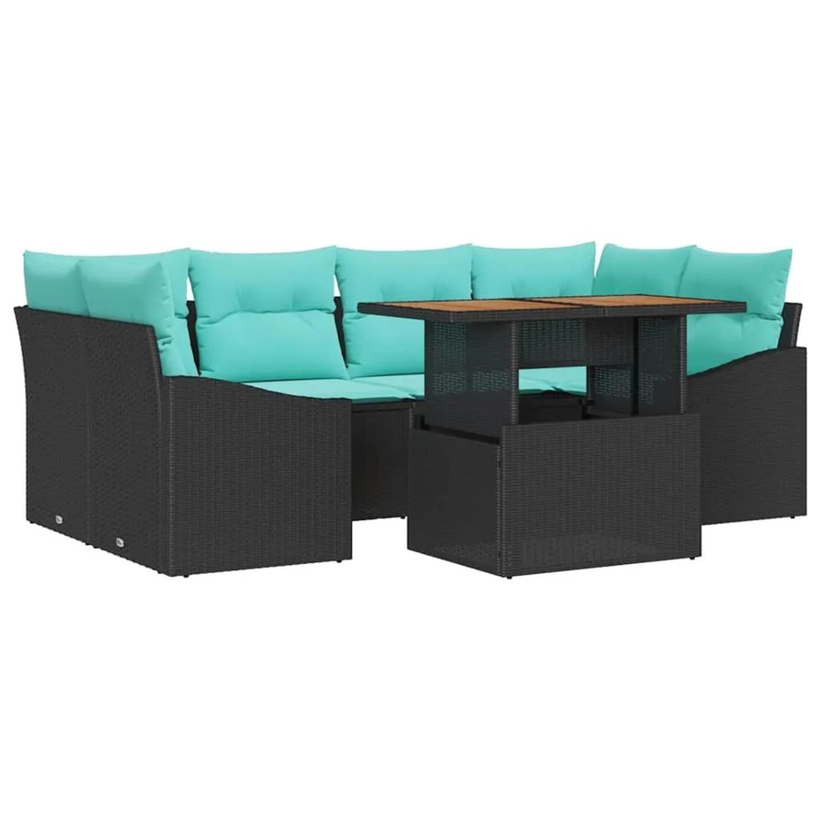 vidaXL Garten Essgruppe 7-teilig aus Poly-Rattan und Akazienholz in Schwarz und Teal - Bild 2