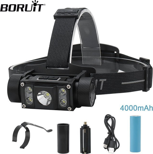 BORUiT LED Scheinwerfer 6000LM, wiederaufladbare Kopf-Taschenlampe mit TYPE-C, wasserdicht, Schwarz - Bild 1