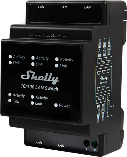 Shelly Ethernet-Switch 5-Port LAN Switch Hutschienenrelais in Schwarz - Bild 1