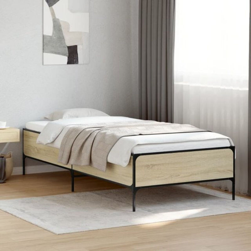Vidaxl Einzelbett Bettgestell Sonoma-Eiche aus Holzwerkstoff und Metall, B/T/H: 90 x 190 cm - Bild 1
