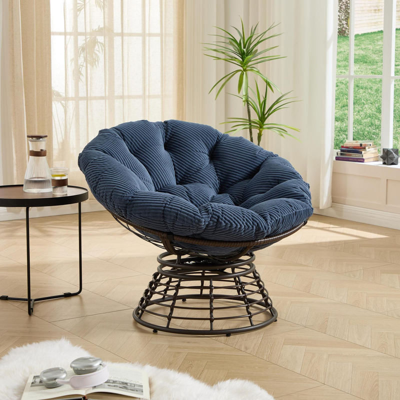 360 Grad drehbarer Papasan-Sessel mit dickem Cordstoff-Kissen und Stahlrahmen in Marineblau, B/T/H: 92 x 92 x 67 cm - Bild 2