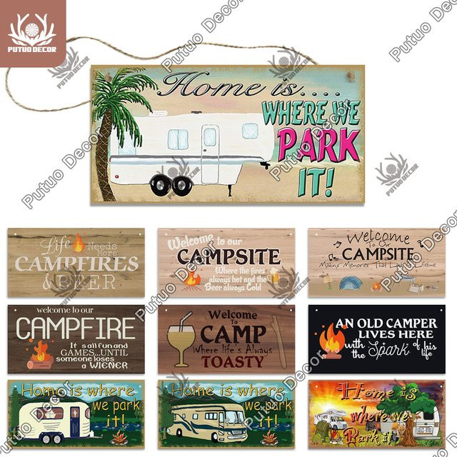 Putuo Dekor Camping Holztafel als dekorative Plakette in Multicolor für Wohnzimmer und Haustür - Bild 1
