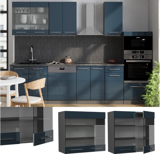 Vicco Glashängeschrank Fame-Line für die Küche in Anthrazit und Dunkelblau Hochglanz mit Soft-Close-Türen, B: 80 cm, H: 72 cm, T: 34,1 cm - Bild 1