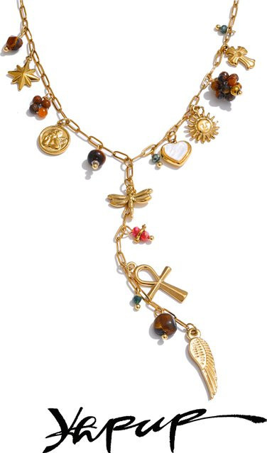 Yhpup Halskette Edelstahl, Naturstein, Gold, Unisex - Bild 1