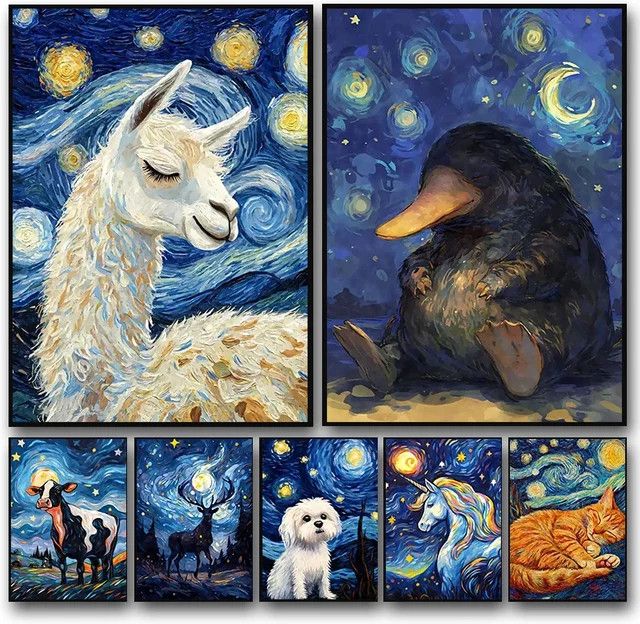 Potdemiel Leinwand Wandkunst Sternennacht Poster mit Katze Hund Axolotl und Schnabeltier im Impressionismus Stil - Bild 1
