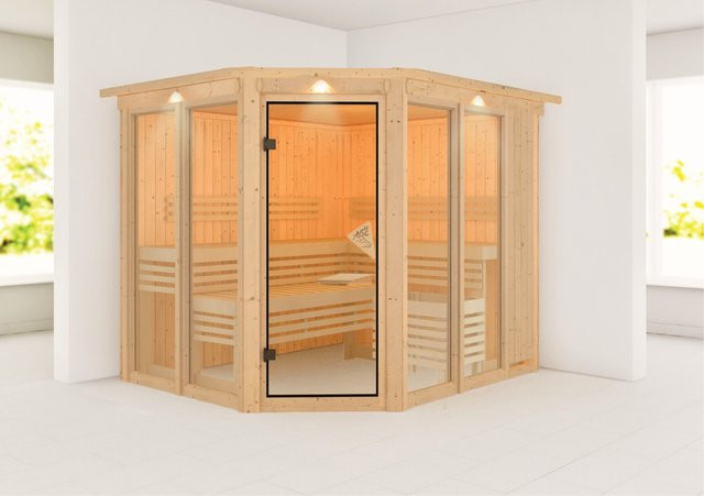 Karibu Sauna Airin aus nordischer Fichte und Espe mit 3 LED-Dachkranz in Natur, B/T/H: 231 x 196 x 198 cm - Bild 1