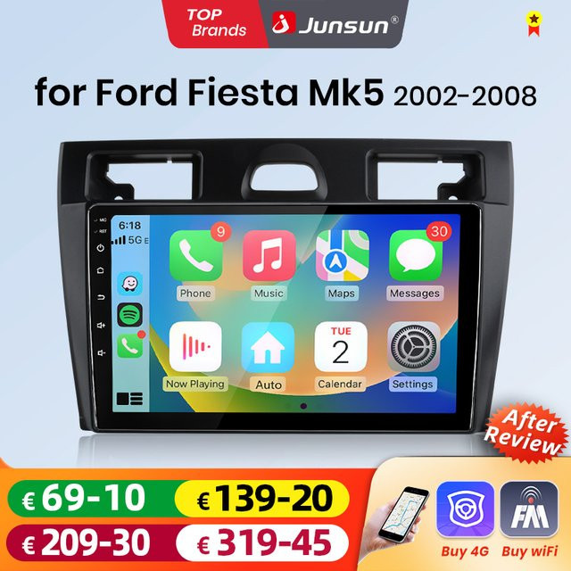 Junsun Android Auto Autoradio mit 9,0 Zoll Display für Ford Fiesta Mk VI 5 Mk5 2002-2008, Wireless CarPlay, GPS, Navi und RDS in Schwarz - Bild 1