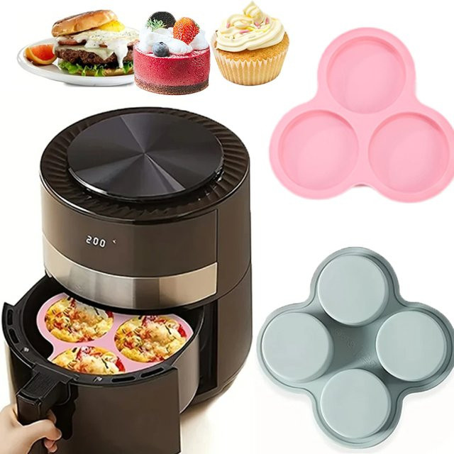 YOCITY Silikon-Eiform für Luftfritteusen, runde Muffin- und Cupcake-Form mit 3/4 Hohlräumen, antihaftbeschichtet, Farbe: Pink - Bild 1