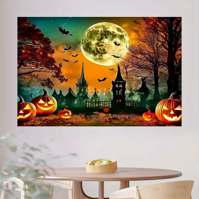 sjs Halloween 2D Hintergrund Dekoration mit Jack-O'-Lantern, Fledermäusen, Vollmond und Herbstbäumen, mehrfarbig, rechteckig - Bild 5