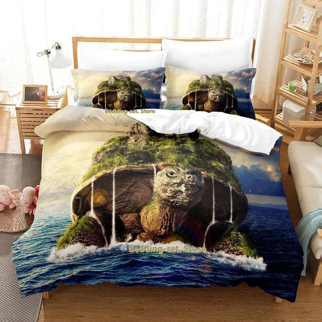 Binchi Turtle Island Bettwäsche-Set mit 3D-Schildkröten-Motiv, dreiteiliges Microfaser-Set für Erwachsene und Kinder, Mehrfarbig, B/H: 228 x 228 cm - Bild 1