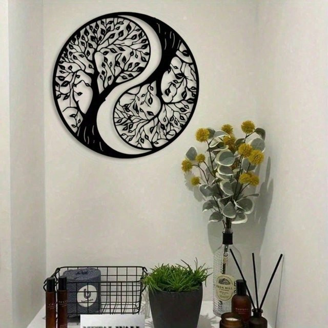 CIFBUY Metall-Wanddekoration Yin-Yang Lebensbaum in Schwarz, Runde Metallkunst mit floralem Design für dein Wohnzimmer - Bild 1