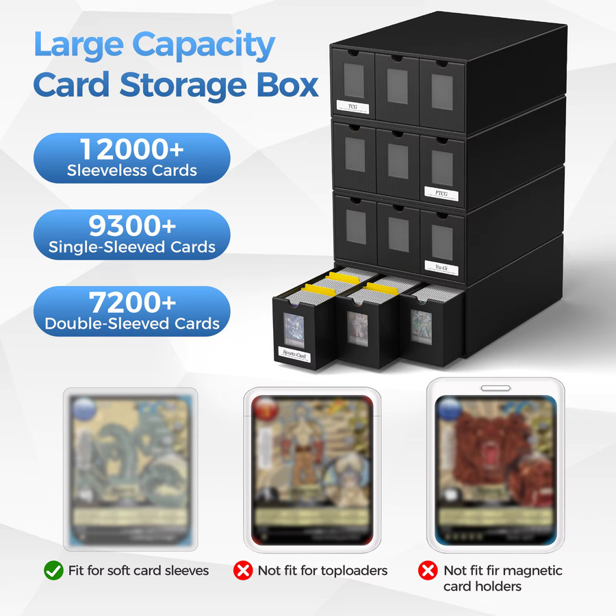 Rbefeuly Sammelkarten-Aufbewahrungsbox in Schwarz für über 12000 Karten mit 48 Trennwänden, Etiketten und Klebeband für TCG, MTG und PTCG - Bild 2