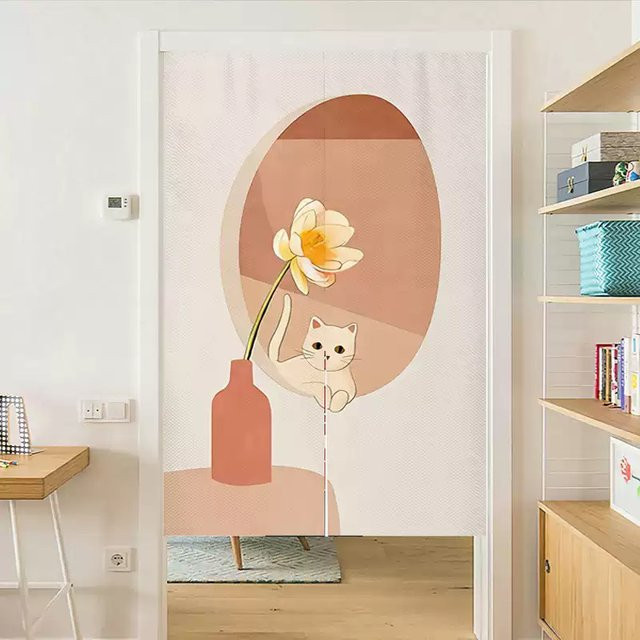 VIKAMA Molendi Style Katzen-Türvorhang mit Durchlass für Vorhangstange, halbtransparenter Stoffvorhang mit Tiermotiv für Küche, Badezimmer oder Schlafzimmer, Breite: 150 cm, Höhe: 85 cm - Bild 1