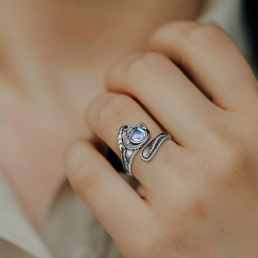 Eudora Ring 925 Silber, Drache, Mondstein, Unisex, Vintage - Bild 2