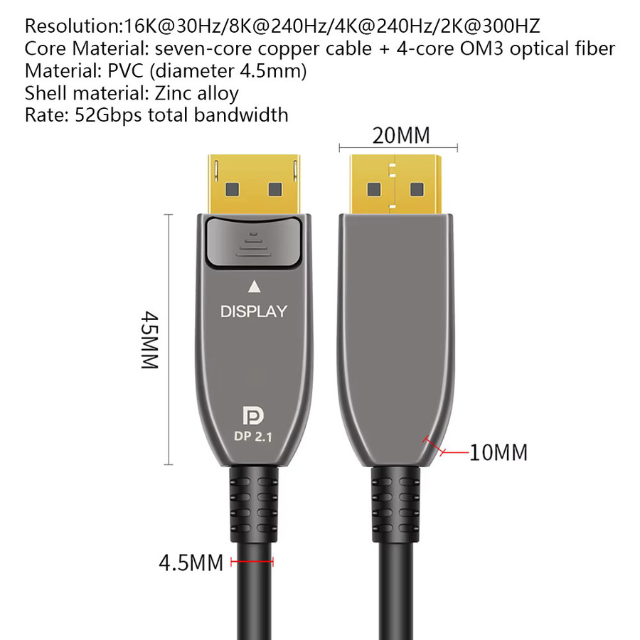 Hochgeschwindigkeits DisplayPort 2.1 Glasfaser-Kabel in Schwarz für Gaming-Monitore mit 16K@30Hz, 8K@240Hz und 52 Gbit/s Unterstützung - Bild 4