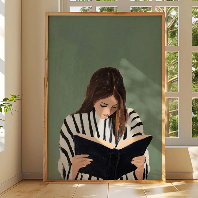 Abstrakte Wandkunst SHENCHEN mit lesender Frau in Grün und Multicolour im Boho-Stil - Bild 1