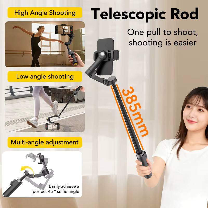 AOCHUAN Smart X3 3-Achsen-Hand-Gimbal-Stabilisator für Smartphones mit 360 Grad Rotation, abnehmbarer Fernbedienung und integrierter Verlängerungsstange, Schwarz - Bild 2
