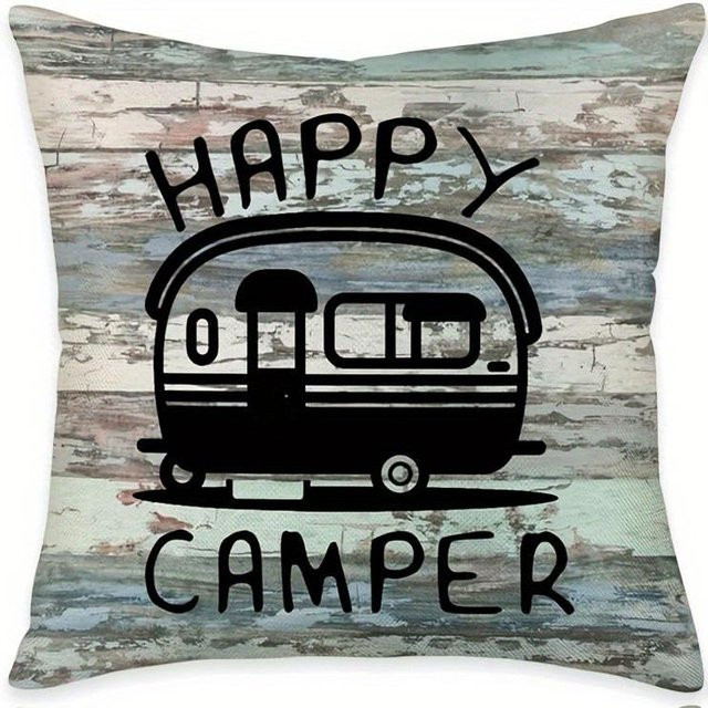 Kissenbezug mit Happy Camper und Let's Go Camping Abenteuer Muster für Sofa und Schlafzimmer, Peach Skin Material, B/B/H: 18 x 18 x 18 cm - Bild 1