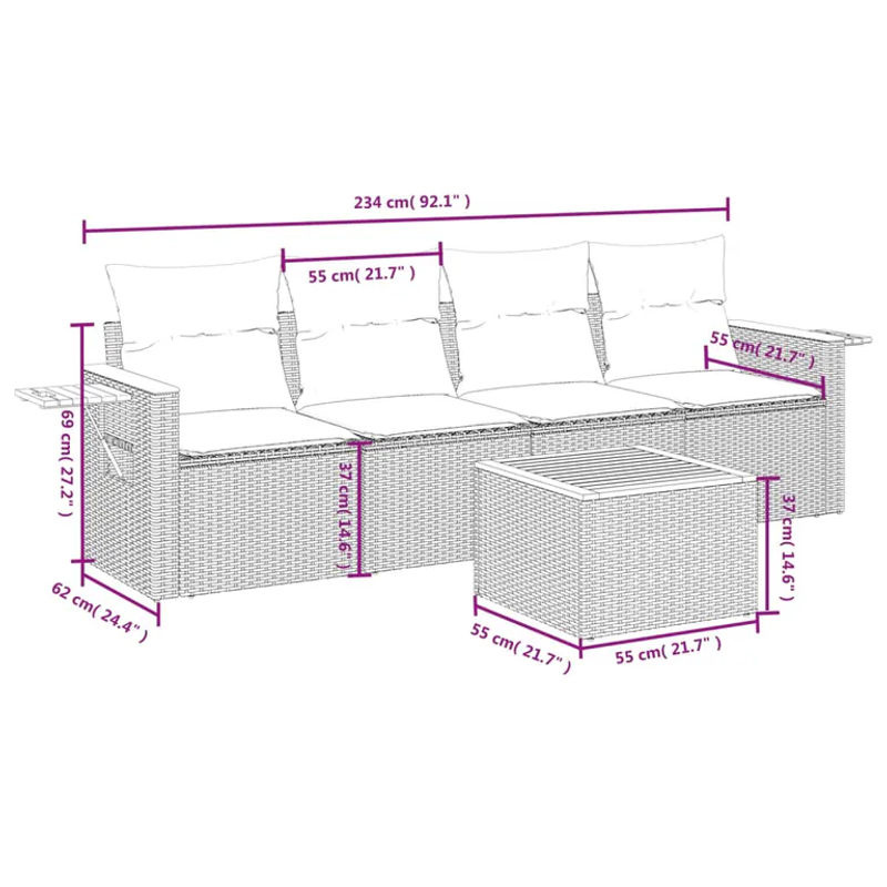 vidaXL 5-tlg Garten-Sofagarnitur aus PE-Rattan und Akazienholz in Schwarz mit Kissen - Bild 2